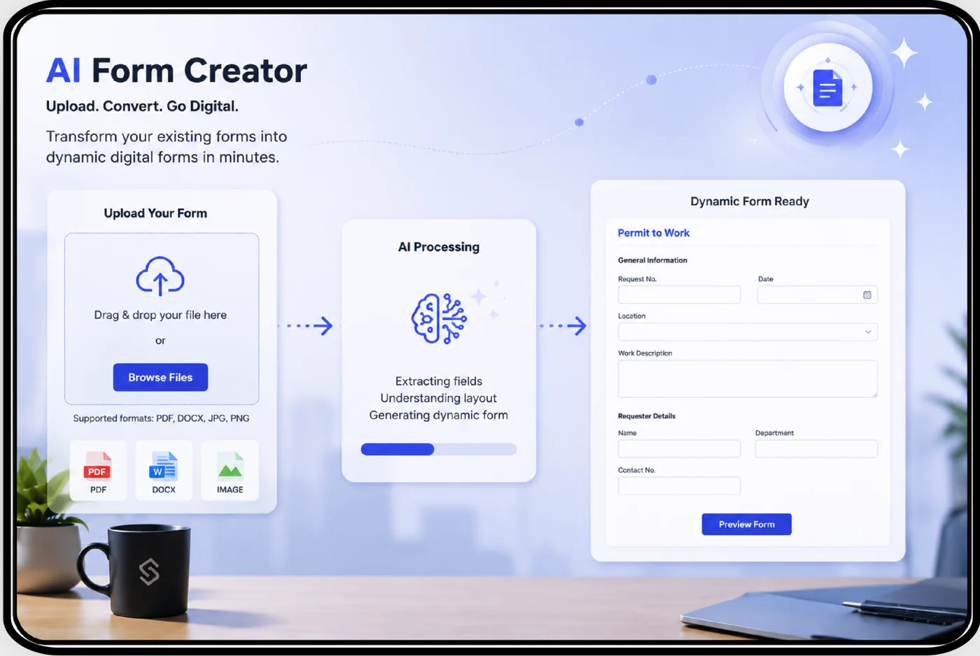 SparkFlow AI Form Creator converting an uploaded form into a dynamic digital form