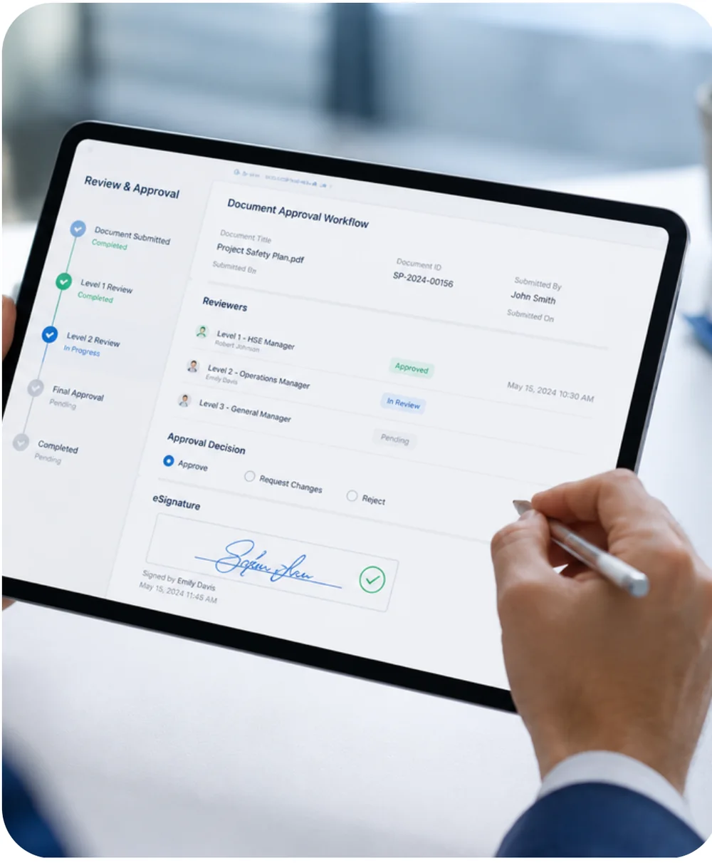 SparkFlow document approval workflow on a tablet with reviewer levels and an eSignature